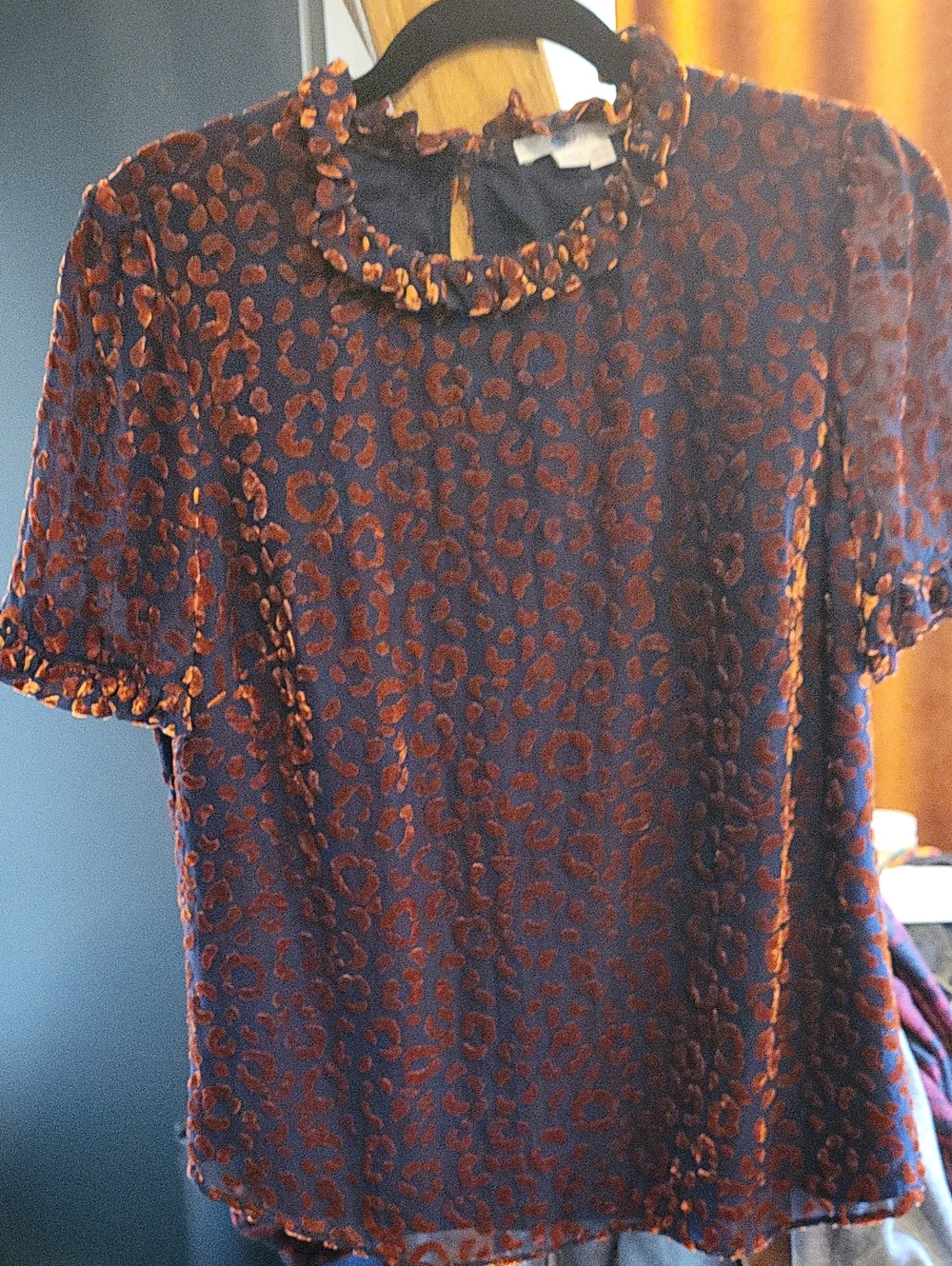 Boden Navy Sheer Short-Sleeve Blouse with Rust Leopard Print